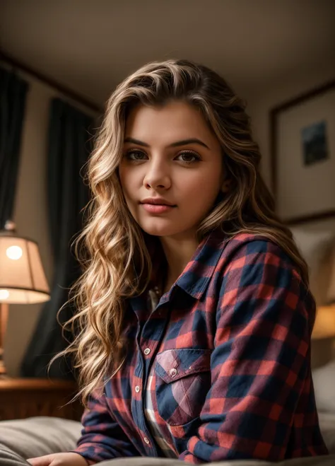 a close up of a woman sitting on a bed with a lamp