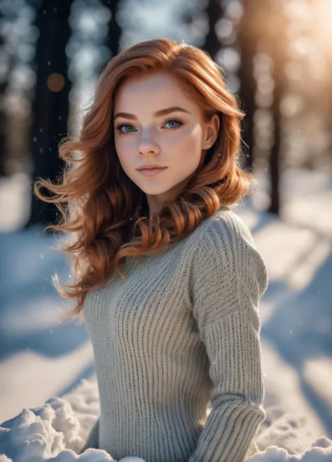 a woman with red hair and a sweater sitting in the snow