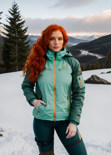 a woman with red hair standing in the snow wearing a green jacket