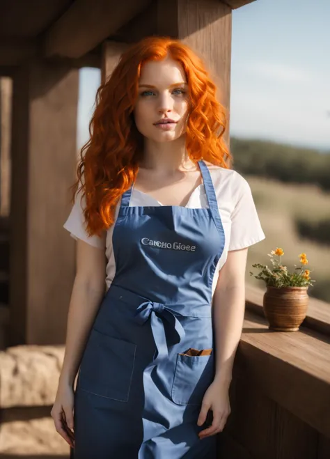 arafed woman with red hair and blue apron standing on a porch