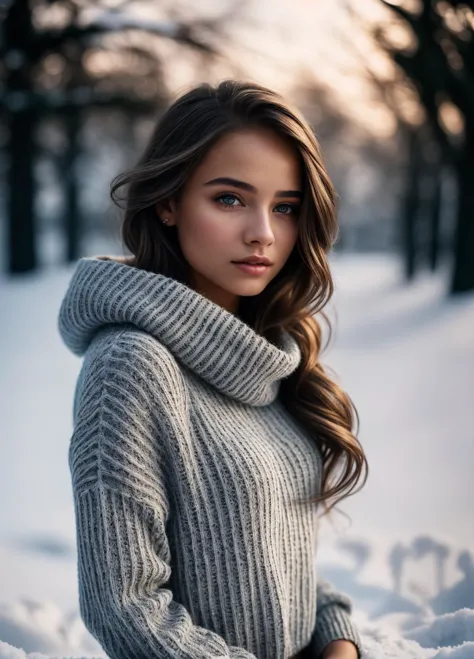 a woman in a sweater and jeans standing in the snow