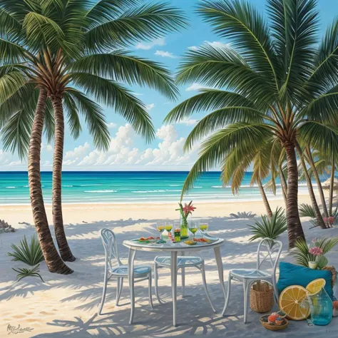 romanticism oil painting, expressionism, mojito, table, colorful beach, clear waters, palms, <lora:epinoiseoffset_v2pynoise:2>