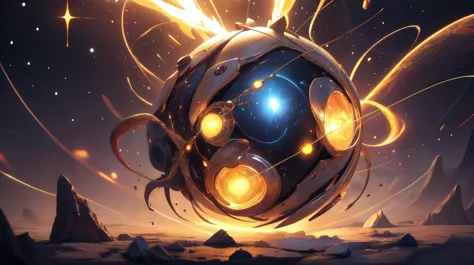 a ball with a glowing orb surrounded by fire and sparks