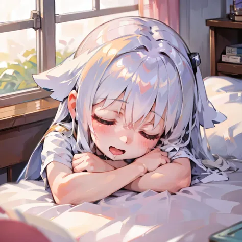 anime girl laying on bed with head on pillow looking out window