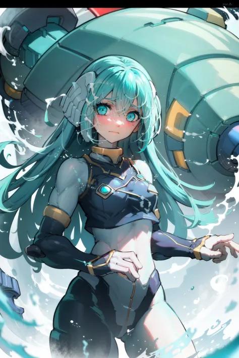 1girl, robot girl, looking at viewer, aqua hair, cream armor, cowboy shot 