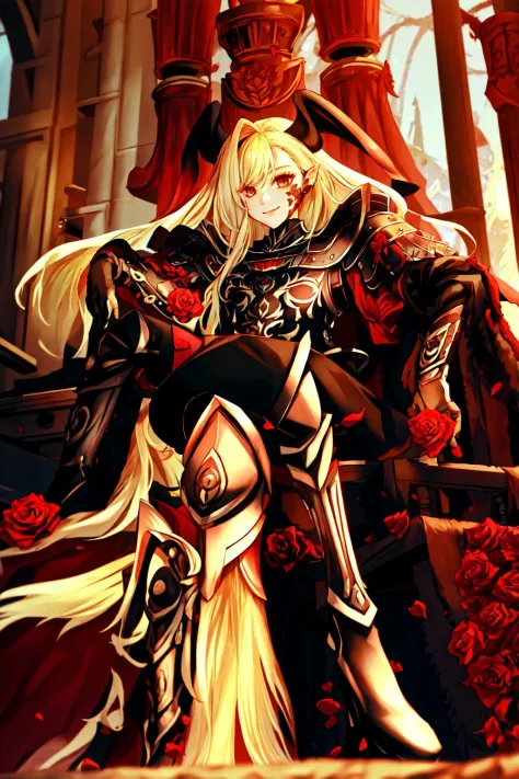 detailed face, crossed legs,  throne, roses,  queendraco, looking at viewer, award-winning, indoors, portrait, smile,  portrait, 1girl  best quality, reflective skin, reflective hair, masterpiece, highres, best quality, solo,  <lora:[Sex Eyes] Queen Draco Ver1.1:1>