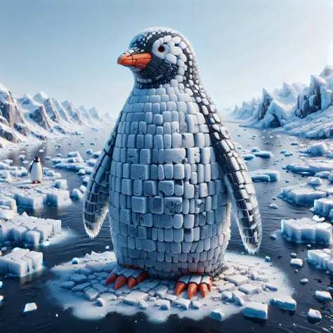 penguin made of lego blocks on ice in a snowy landscape