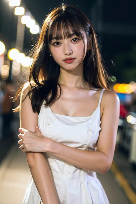 a close up of a woman in a white dress standing on a street