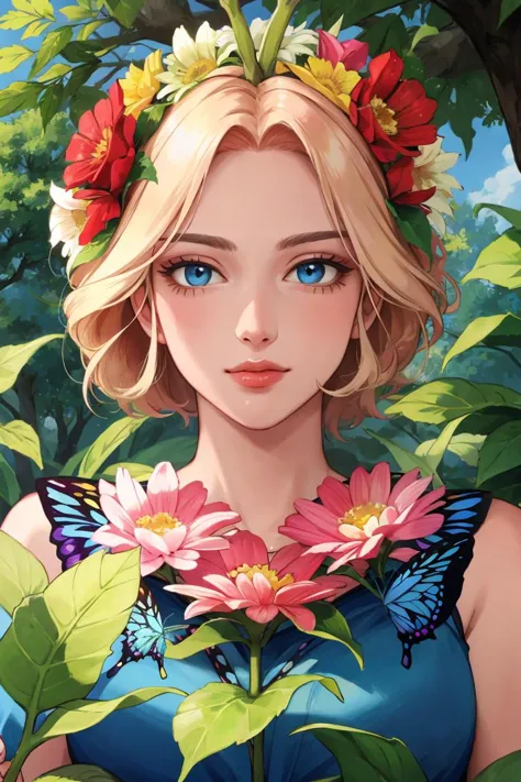 a woman with blue eyes and a flower crown on her head