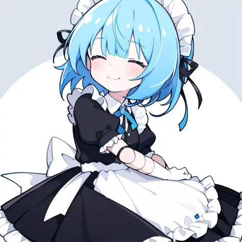 a close up of a person in a maid outfit sitting on a floor