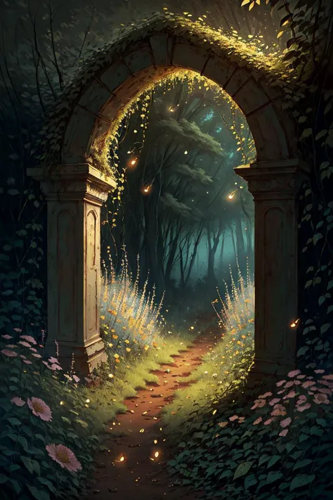 masterpiece of an overgrown archway, meadow, wildflowers, twilight, fireflies, flowers, fantasy, <lora:OvergrownCity:1>,