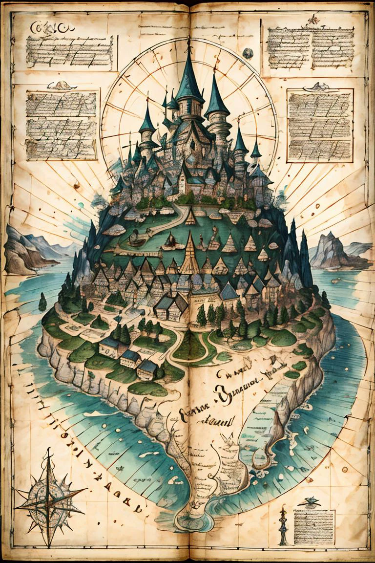 (best quality, high quality, masterpiece:1.2), medieval art, Byzantine, Insular art, forgotten_pages a map of castle,  text,  