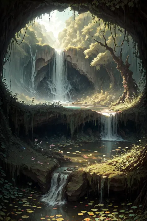 masterpiece of an overgrown garden, waterfall, pond, stone bridge, <lora:OvergrownCity:1>,