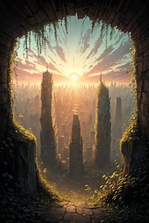 masterpiece of an overgrown stone city, fantasy, sunrise, <lora:OvergrownCity:1>,