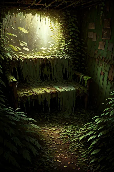 masterpiece of an abandoned overgrown cabin, glowing, magic, mushrooms, ferns, crystals, fantasy, <lora:OvergrownCity:1>,