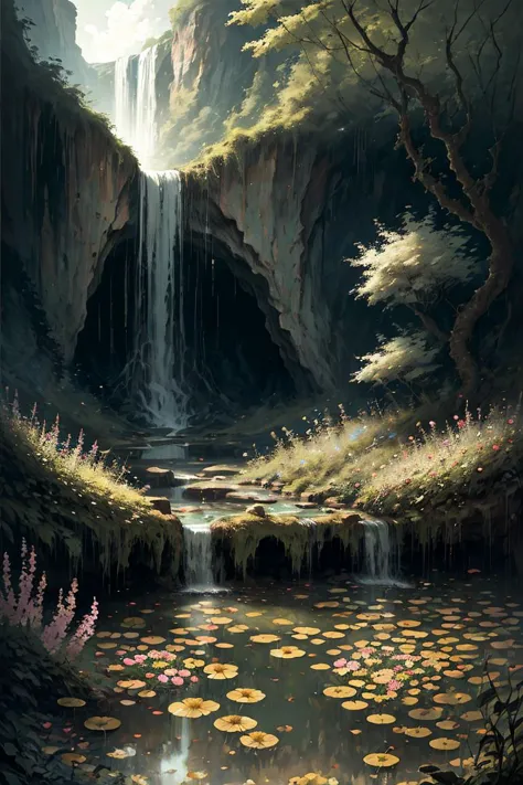 masterpiece of an overgrown garden, waterfall, pond, stone bridge, flowers, <lora:OvergrownCity:1>,
