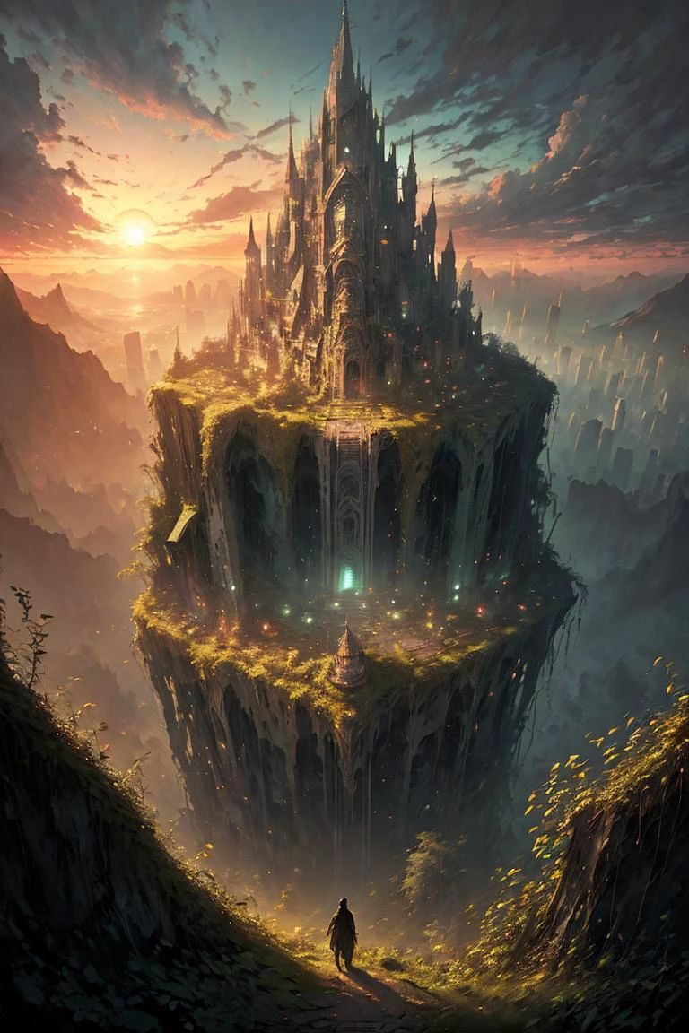 masterpiece of an overgrown stone city, fantasy, sunrise, 
