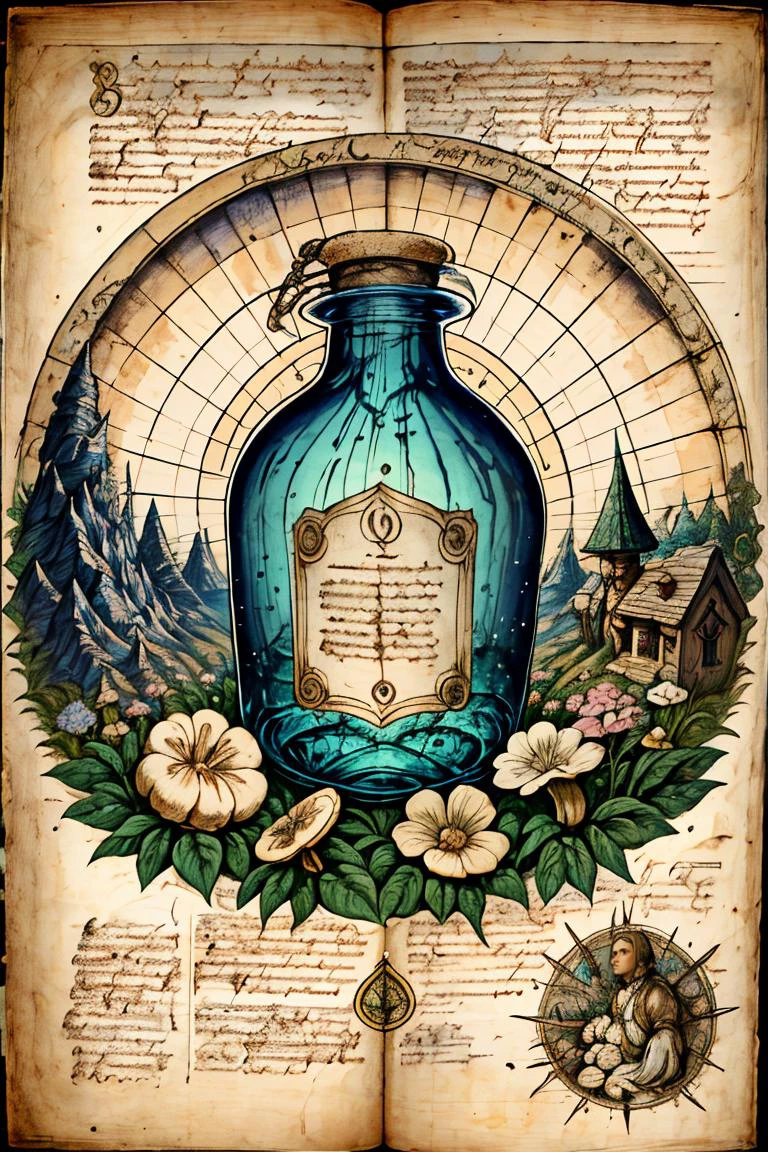 (best quality, high quality, masterpiece:1.2), medieval art, Byzantine, Insular art, forgotten_pages a Magic potion bottle, recipe, mushrooms, herbs,  text,  
