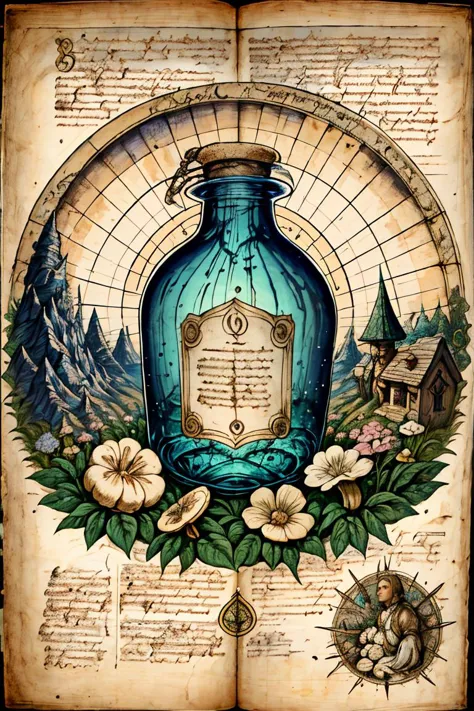 (best quality, high quality, masterpiece:1.2), medieval art, Byzantine, Insular art, <lora:forgotten_pages:1>forgotten_pages a Magic potion bottle, recipe, mushrooms, herbs,  text,  <lora:detail_slider_v4:1.15>