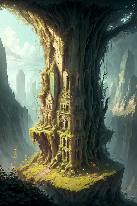 masterpiece of an overgrown stone city, fantasy, <lora:OvergrownCity:1>,