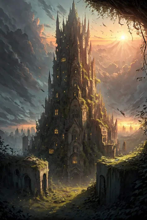 masterpiece of an overgrown stone city, fantasy, sunrise, <lora:OvergrownCity:1>,