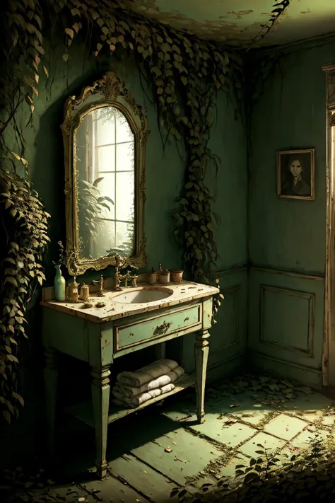 masterpiece of an overgrown royal bedroom, purple shades, open balcony, mirror vanity, <lora:OvergrownCity:1>,