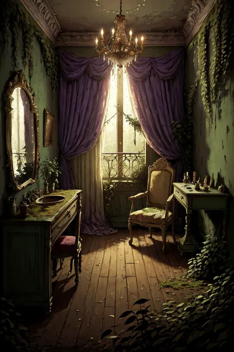 masterpiece of an (overgrown:1.1) royal bedroom, purple walls, curtains, chandelier, open balcony, mirror, moss, <lora:Overgrown...