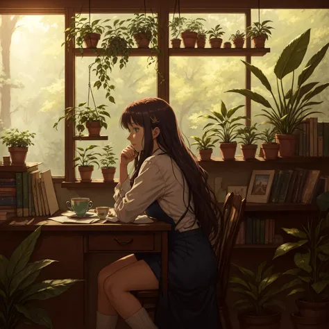 anime, candid of a woman working at a desk, big eyes, detailed face, dappled sunlight, open windows, tea cup, house plants, plan...