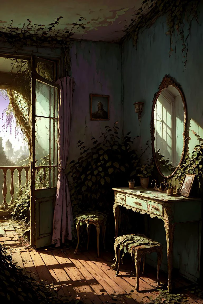 obra-prima de um quarto real coberto de vegetação, tons roxos, varanda aberta, espelho, 