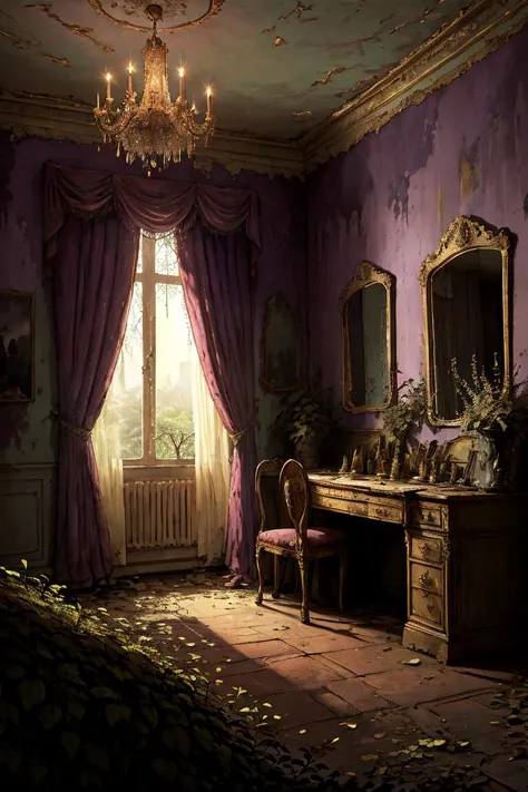 masterpiece of an overgrown royal bedroom, purple walls, curtains, chandelier, open balcony, mirror, <lora:OvergrownCity:1>,