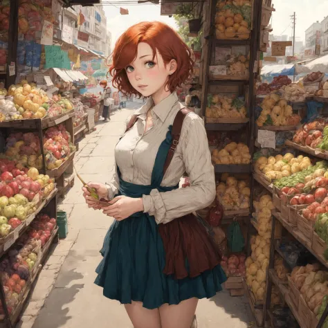 masterpiece,best quality,1girl,solo,market,redhead,wavy short hair,