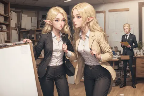 masterpiece,best quality,female,people,ultra high detailed face,beautiful face,close up,buisiness suit,dress shirt,elf,blonde hair,office,pants,jacket,indoor,white board,flat chest,working