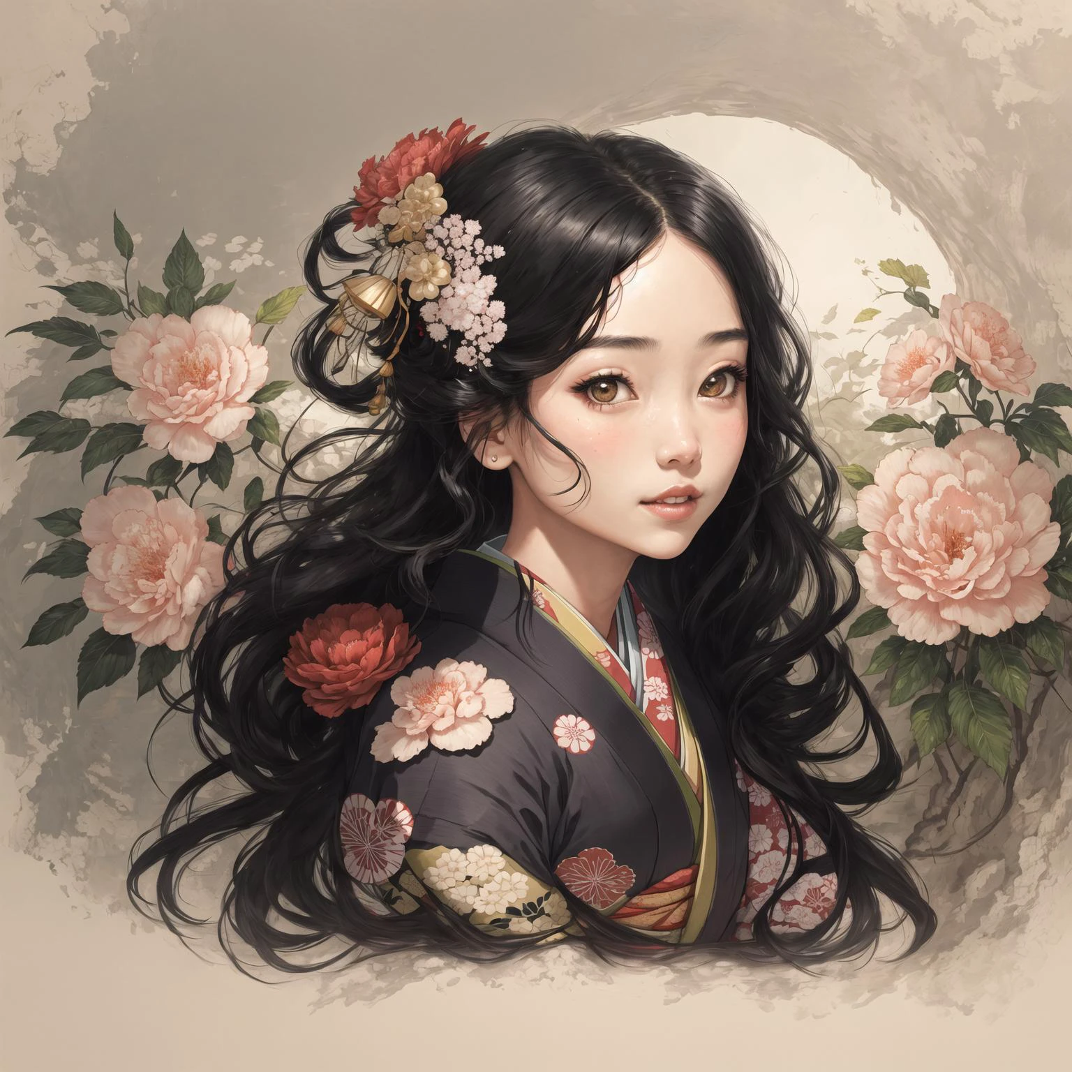 Obra maestra,mejor calidad,1 chica,Fantasía,paisaje,hermoso rostro,cara muy detallada,pelo negro,kimono