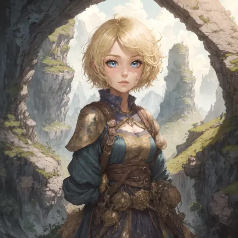 masterpiece,best quality,1girl,ultra high detailed face,landscape,fantasy,adventurer,blonde short hair