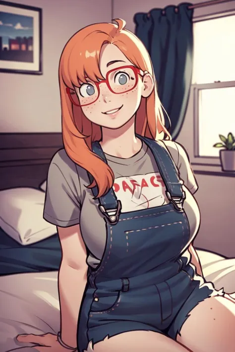 leaning back, on bed, 1girl, looking at viewer, parted lips, smile,
ritacolo, orange long hair, red glasses, freckles, large bre...