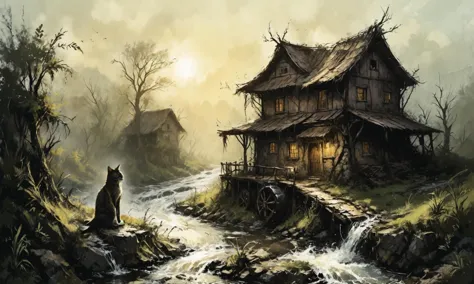 Beautiful detailed digital illustration of a <lora:RPGTabaxiXL:0.7> tabaxi at a Rural mill powered by flowing river <lora:Desola...