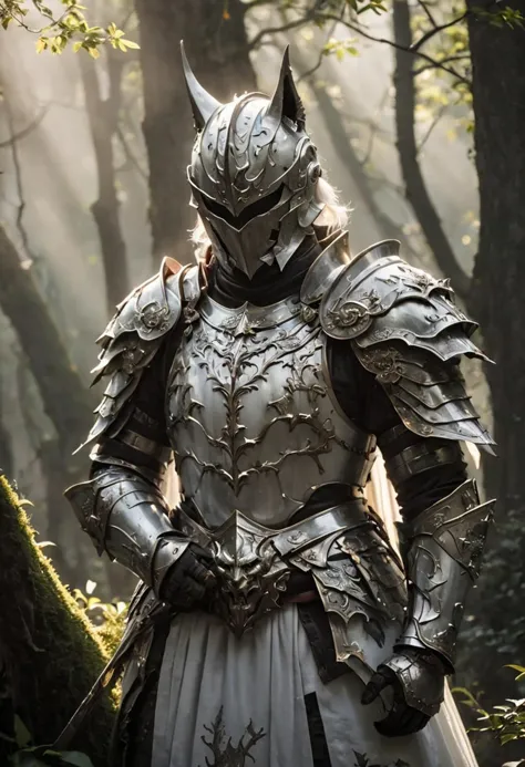 standing in bright sunlight, Highly dramatic lighting Action Scene, Feudal wizard wearing bright white fantasy armor with Cat ears, coming Out of the Fog amidst a Overgrown rooty mossy oak tree forest, wearing a burning intricate detailed samurai Armor, cloak over one shoulder, atmospheric backlight, atmospheric haze, Film grain, cinematic film still, shallow depth of field, highly detailed, high budget, cinemascope, moody, epic, OverallDetail, gorgeous, 2000s vintage RAW photo, photorealistic, candid camera, color graded cinematic, eye catchlights, atmospheric lighting, skin pores, imperfections, natural, shallow dof, deep blacks, high monochrome contrast,