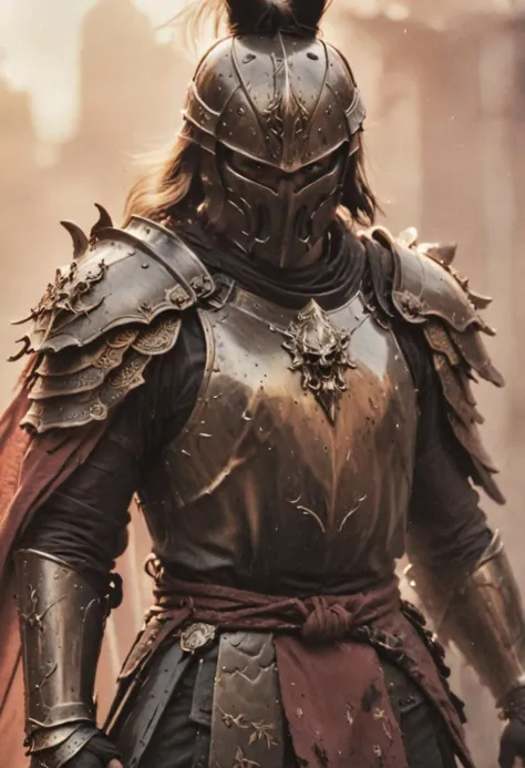 a close up of a man in armor with a sword