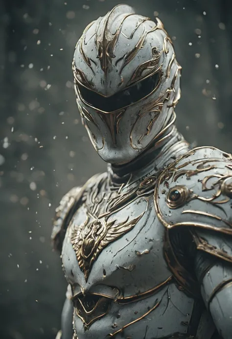 Power Ranger de estilo de Hong Kong em traje branco, retrato em close-up, neblina atmosférica, grão de filme, fotograma cinematográfico, Profundidade de campo rasa, Altamente detalhado, orçamento elevado, cinemascope, temperamental, épico, Detalhes gerais, maravilhoso, Foto RAW vintage dos anos 2000, fotorrealista, câmera sincera, cinematográfico com classificação de cores, holofotes, Iluminação atmosférica, poros da pele, imperfeições, natural, DOF raso, pretos profundos, alto contraste monocromático,