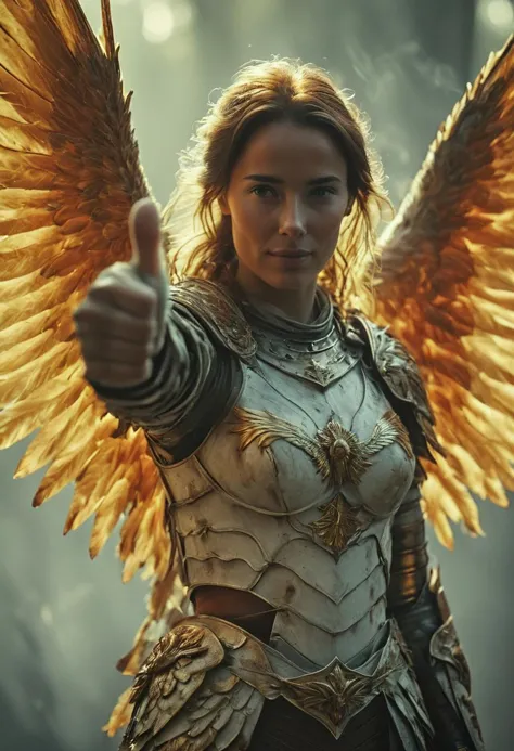 Thumb-up pose, White Pale skinned excentric posing Woman with translucent Amber burning Wings, thumb Up, Linen leather Armor, Wings in flames, atmospheric haze, Film grain, cinematic film still, shallow depth of field, highly detailed, high budget, cinemascope, moody, epic, OverallDetail, gorgeous, 2000s vintage RAW photo, photorealistic, candid camera, color graded cinematic, eye catchlights, atmospheric lighting, skin pores, imperfections, natural, shallow dof, deep blacks, high monochrome contrast,