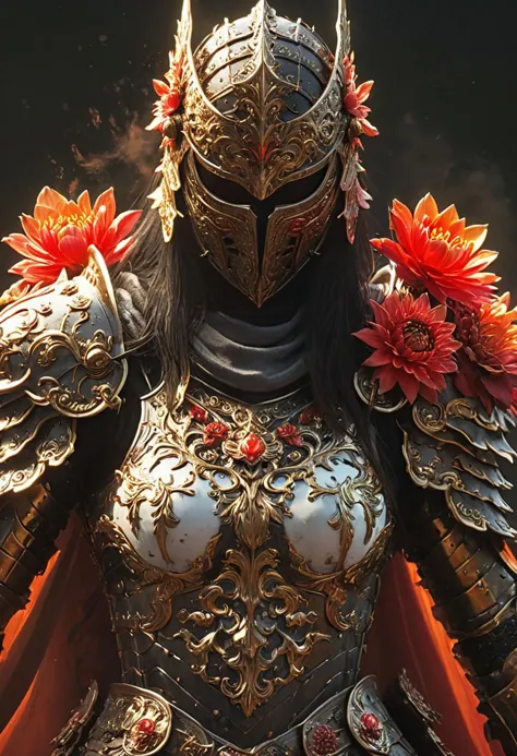 Feudal female black knight with long hair wearing translucent vibrant Neon colorful 花 armor coming Out of the Fog wearing a partially burning and Red glowing detailed samurai Armor, 傑作, 荒誕, 精緻, 最高解析度, 超詳細, 令人驚嘆的辛烷值渲染, 濃濃的塵土紅色調, 頭戴金色光環, 聖女, 白色骷髏臉, 戴著深色兜帽, 超現實主義概念藝術, 花,