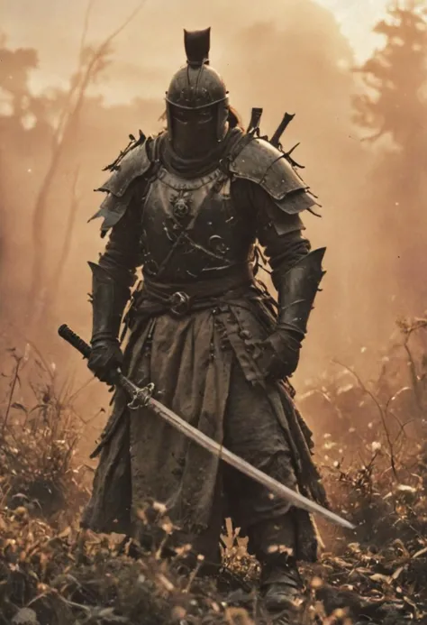 standing in bright sunlight, Highly dramatic lighting ral-dissolve Action Scene, Feudal samurai wearing bright white fantasy armor with jelly Emblem coming Out of the Fog wearing a partially burning intricate detailed samurai Armor, cloak over one shoulder, atmospheric backlight, atmospheric haze, Film grain, cinematic film still, shallow depth of field, highly detailed, high budget, cinemascope, moody, epic, OverallDetail, gorgeous, 2000s vintage RAW photo, photorealistic, candid camera, color graded cinematic, eye catchlights, atmospheric lighting, skin pores, imperfections, natural, shallow dof, deep blacks, high monochrome contrast,