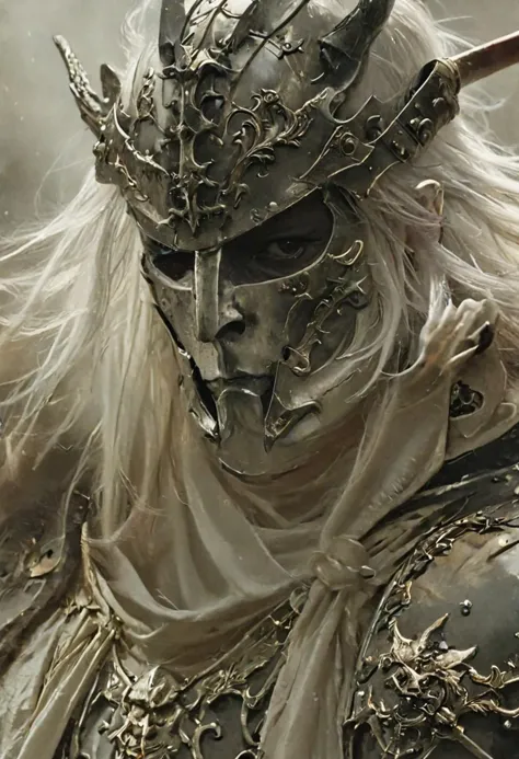 a close up of a person wearing a helmet and a sword