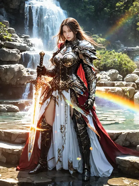 a woman in armor standing in front of a waterfall