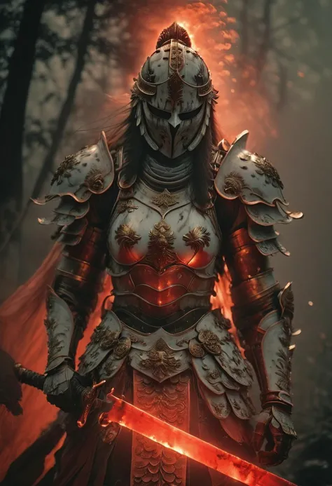 Feudal female samurai with long hair wearing translucent  White holy armor coming Out of the Fog wearing a partially burning and Red glowing detailed samurai Armor, atmospheric haze, Film grain, cinematic film still, shallow depth of field, highly detailed, high budget, cinemascope, moody, epic, OverallDetail, gorgeous, 2000s vintage RAW photo, photorealistic, candid camera, color graded cinematic, eye catchlights, atmospheric lighting, skin pores, imperfections, natural, shallow dof, deep blacks, high monochrome contrast,