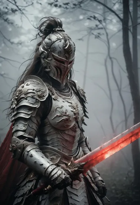 a woman in armor holding a sword in a dark forest