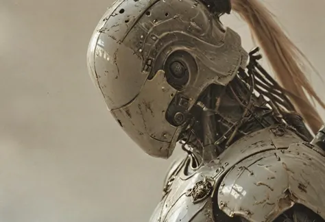 a close up of a robot with a long hair and a helmet