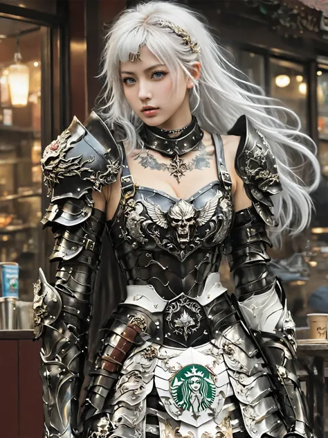 a close up of a woman in armor with a starbucks cup