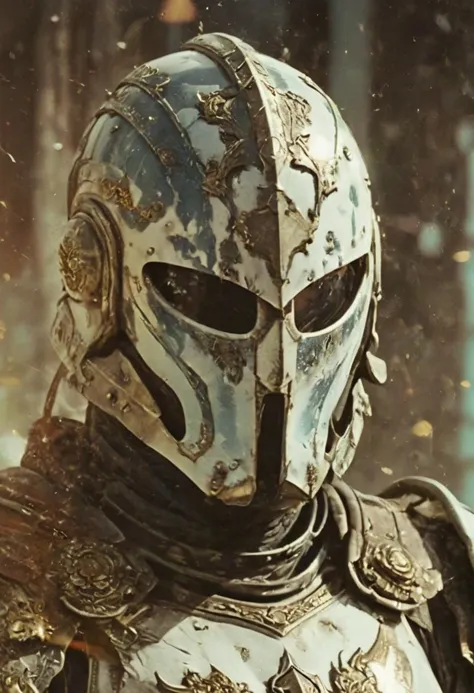 a close up of a person wearing a helmet and armor