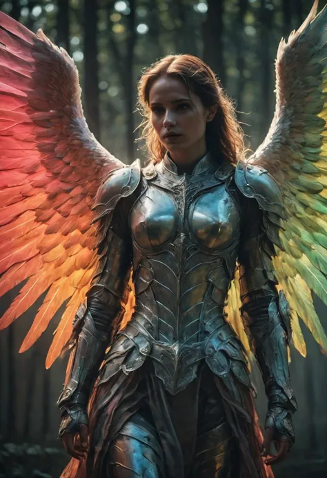 a woman in armor with wings standing in a forest